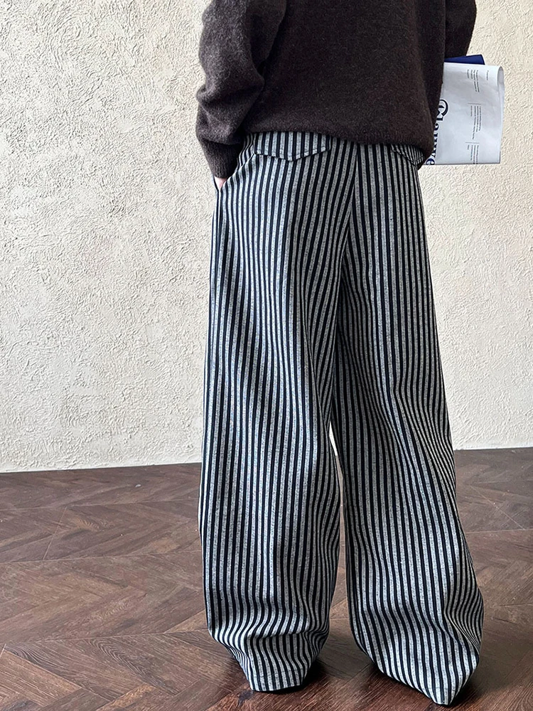 [EAM] High Waist Black Striped Brief Long Wide Leg Casual Pants New Trousers Women Fashion Tide Spring Autumn 2024 1DH7707