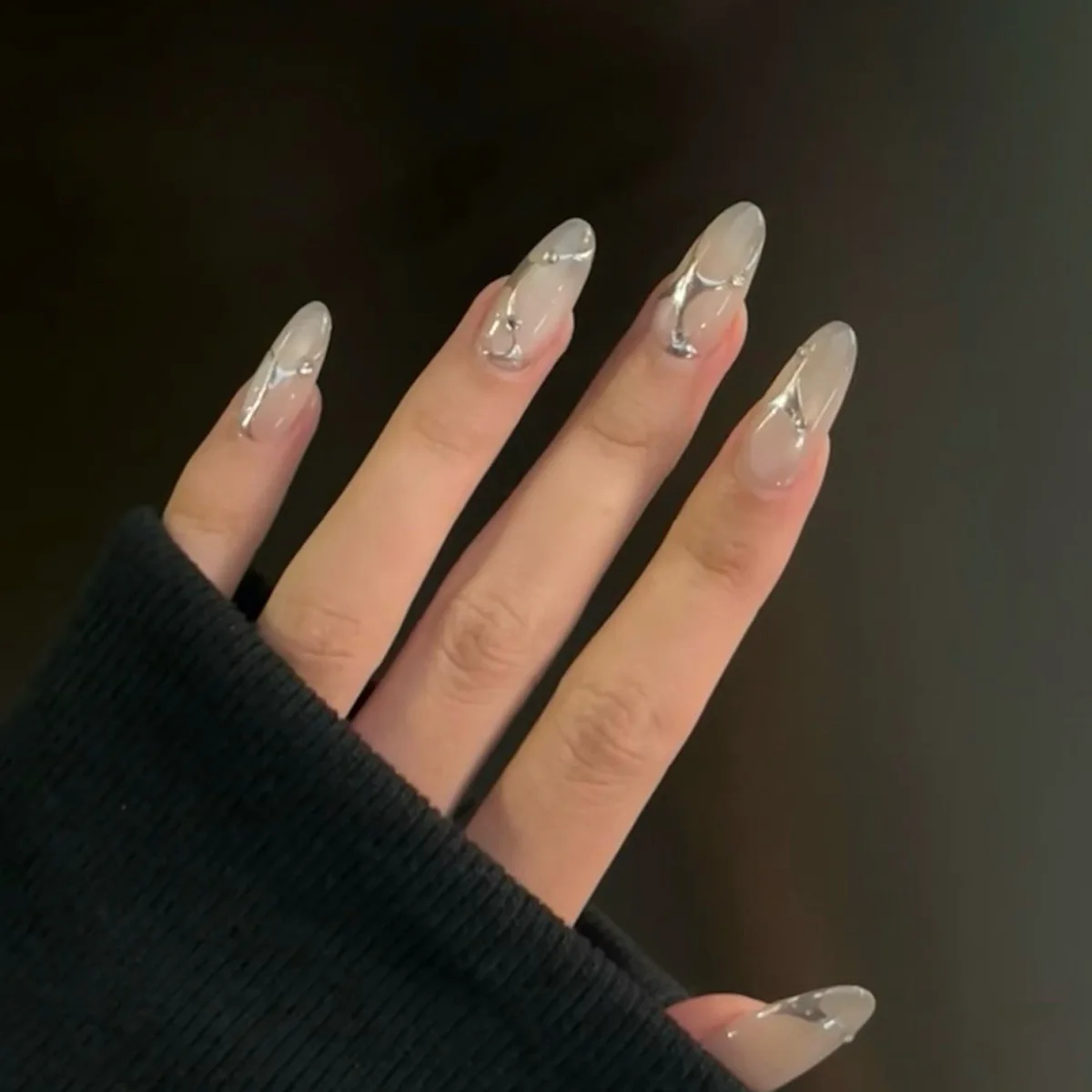 10pcs Handmade Oval Head Press on Nails Shiny Cat Eye Hand-painting Sliver Patten Design Y2k Fake Nails Wearable Fake Nails Tips