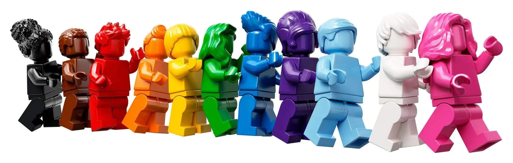 LEGO Everyone Is Awesome 11 Monochrome Minifigures with Color Hairstyle Against A Background of Corresponding Rainbow Stripes