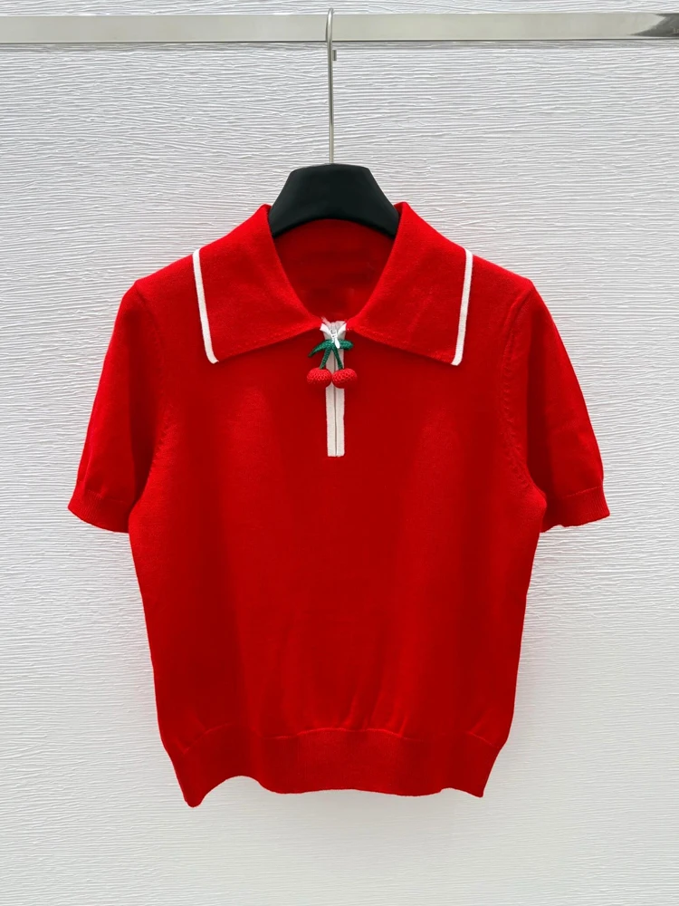 

Ele Red Ne ort Sve Трикотажная футболка женская летняя антивозрастная уникальная конструкция Cherry 2025 Корейский Sle Straight ...