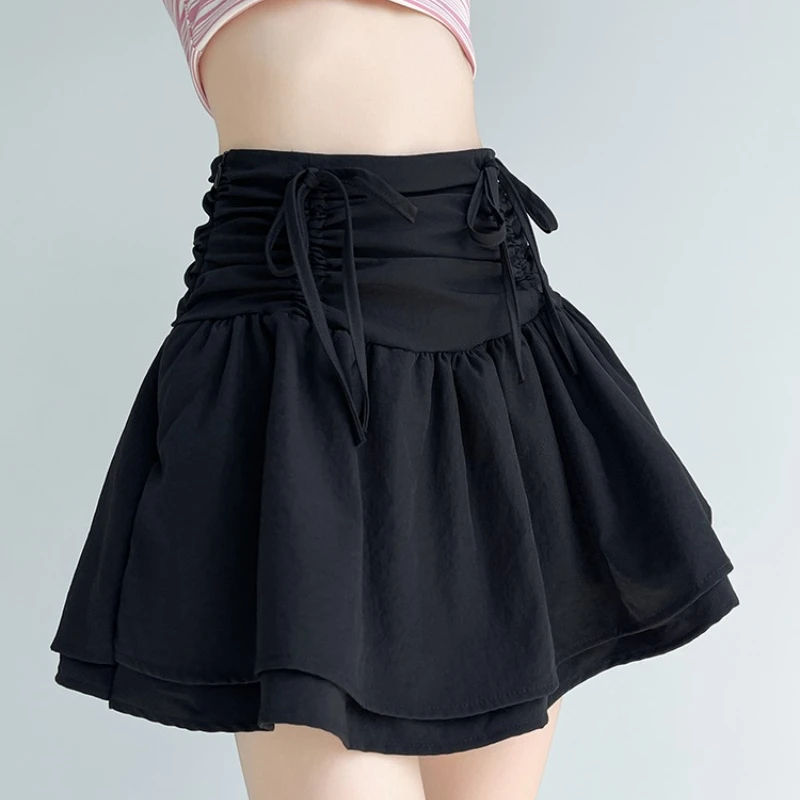 Elastic Waist Bow Tie Skirts Women 2024 Summer New Thin A-line Solid Color Loose Versatile Double Layer Slim Short Skirt Female