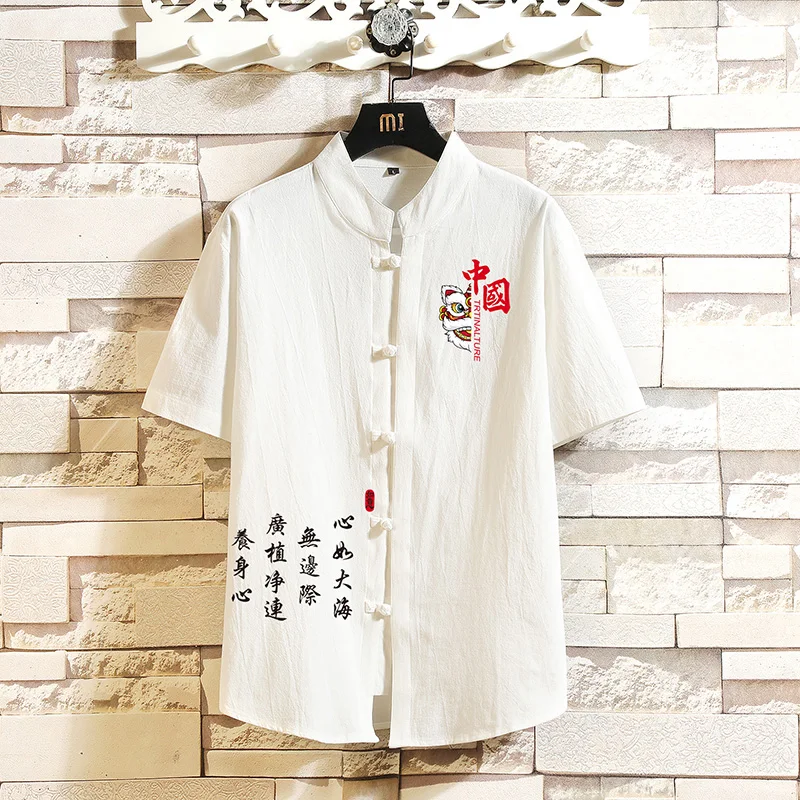 Men's Printed Short-sleeved Shirt, Lightweight Summer Style, Chinese-style Tang Suit Top, Vintage Button-up Cotton T-shirt