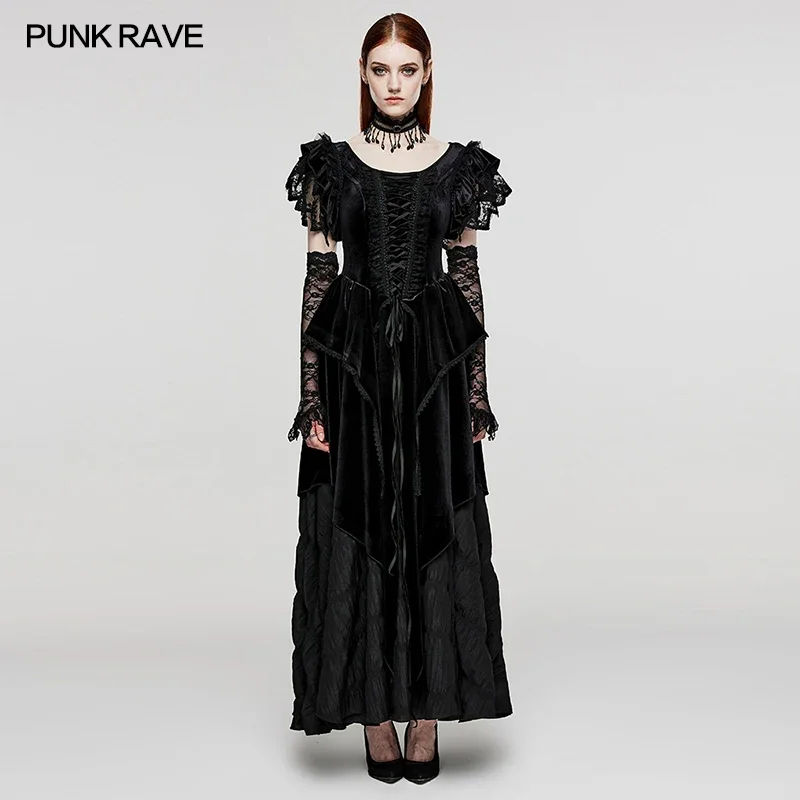 PUNK RAVE Women\'s Gothic Pointed Velvet Symmetrical Dress Skirt  Party Club Long Dresses Women Clothing Pair with Lace Gloves