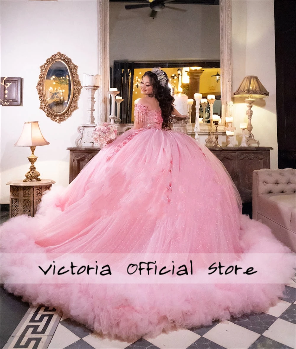 Vestido de baile de quinceañera, traje Rosa fruncido con cuentas y borlas, con hombros descubiertos, para ocasiones formales, dulce 16, 2024