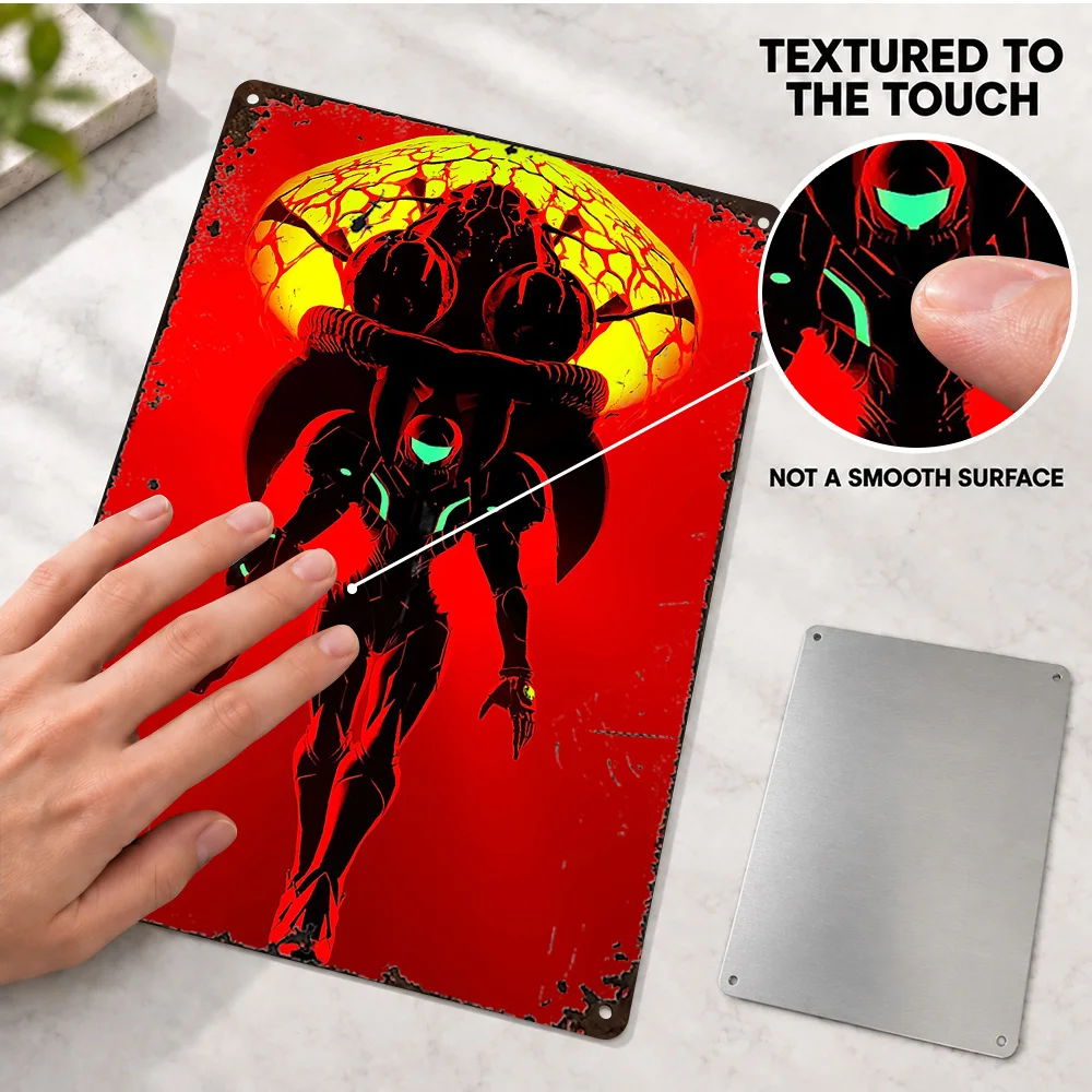 Metroid Samus Game Textured Metal Poster Personalized Aluminum Sign Vibrant Graphic Design Wall Art For Gaming Room Gamer Gift