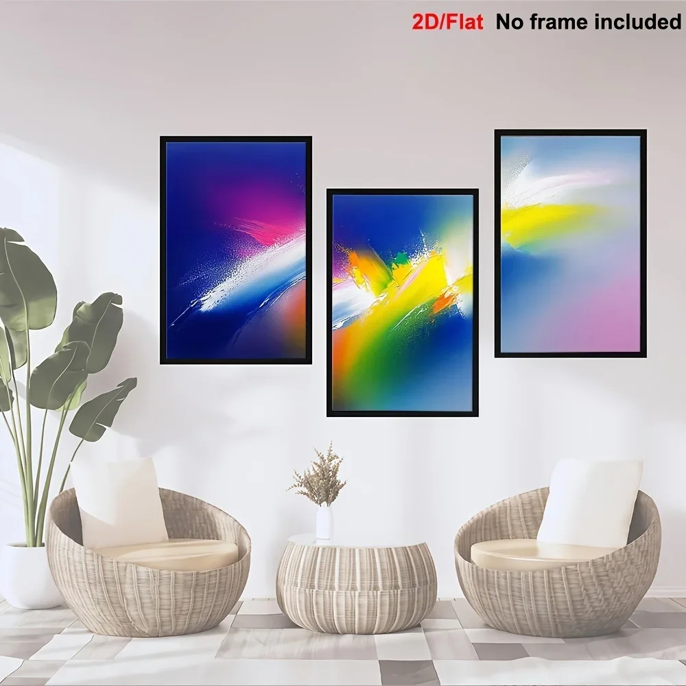 (No frame)2D Flat, 3pcs Frameless Vertical Modern Abstract Canvas - Multicolor Ink Splash Suitable for Contemporary Minimalis