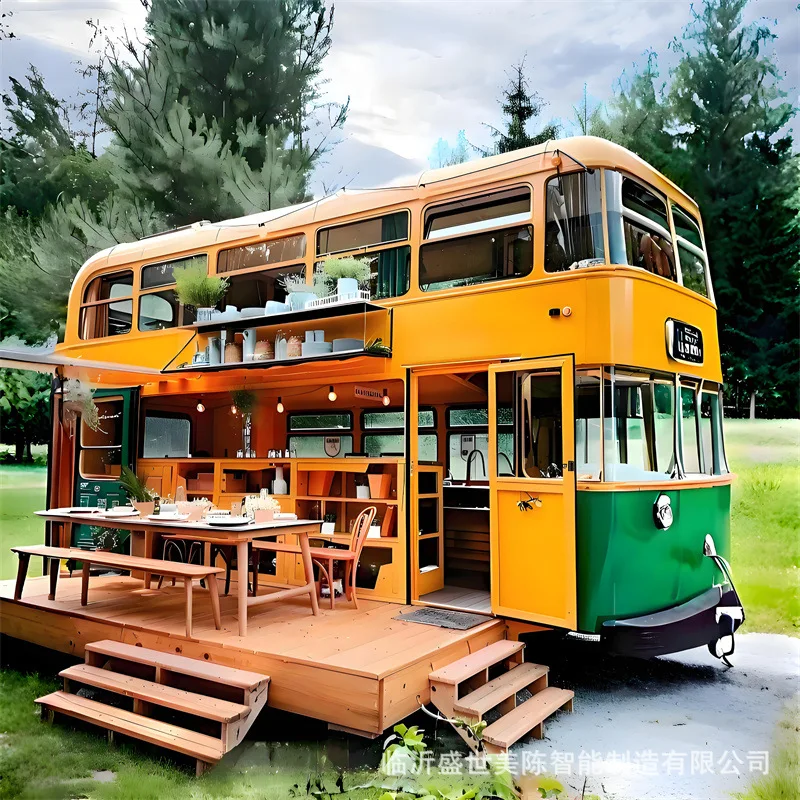 【New Design】Pink Wrought Iron Double Decker Bus Cart, Mobile Milk Tea Coffee Stall For Night Market Attraction view 3