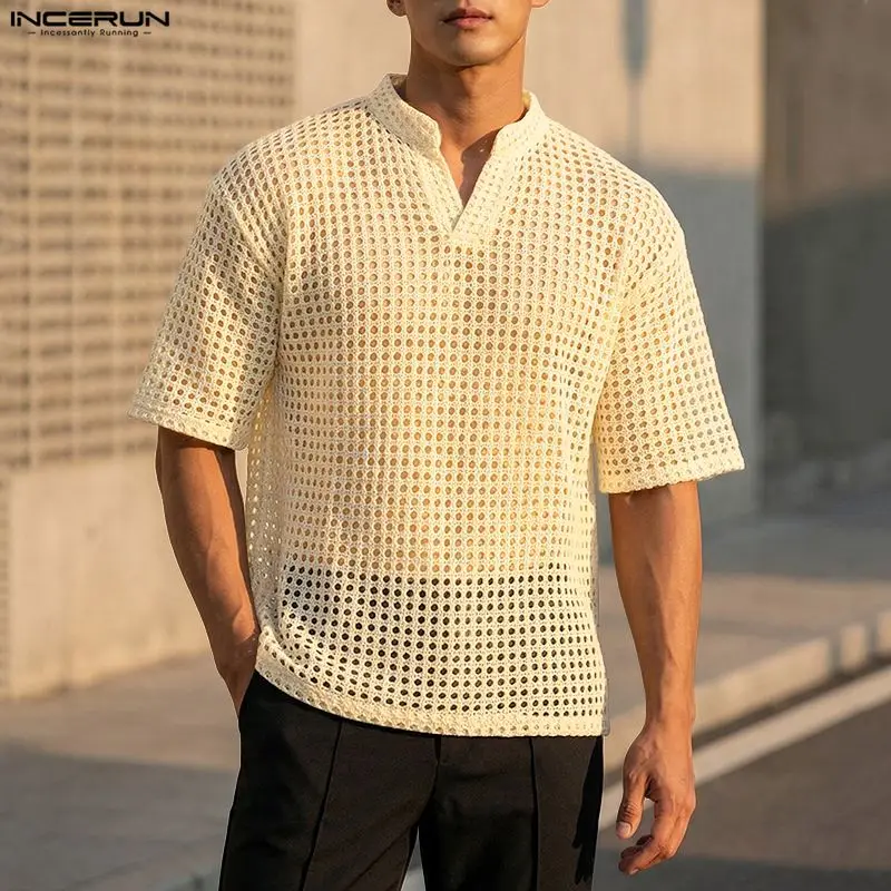 INCERUN Men's T Shirt Solid Color Hollow Out Men Clothes Camisetas V Neck Short Sleeve Streetwear See Through Loose Tee Tops Man