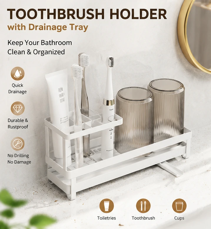 Freestanding Stainless Steel Toothbrush Holder Toothpaste Organizer Bathroom Storage Rack Rustproof Countertop Stand