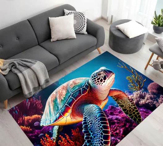 Ocean Theme Coastal Area Rug  Beachy Cottage Nautical Theme Seashell Art Vintage Marine Life Bedroom Accent Rug Eclectic Decor
