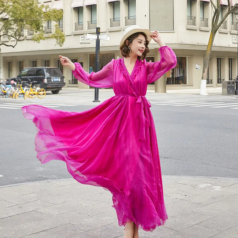 2024Chiffon Kleid Langarm Sommer europäischen und amerikanischen Meer Urlaub Strand Rock Frauen