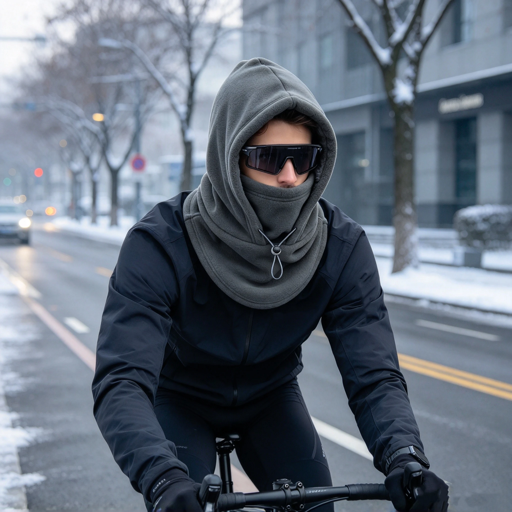 Winter Polar Fleece Hat Unisex Windproof Thick Warm Hood Mask Adjustable Drawstring Headwear for Cycling Ski Outdoor Hiking