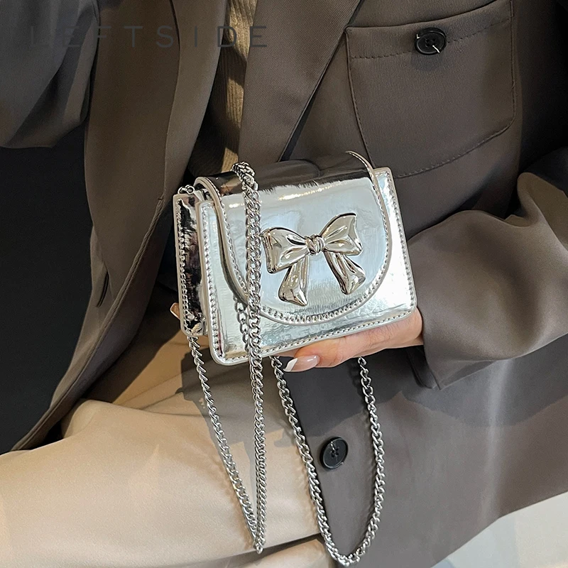 

Bow Design Mini Silver Shoulder Bags for Women 2024 Luxury Designer Korean Fashion Chain Handbags and Purses Trend Crossbody Bag