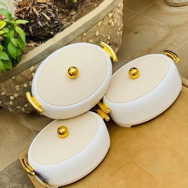 3-Piece Insulated Food Warmer Set with Golden Handle - Modern Hot Pot Bowl with Lid for Buffet and Family Meals