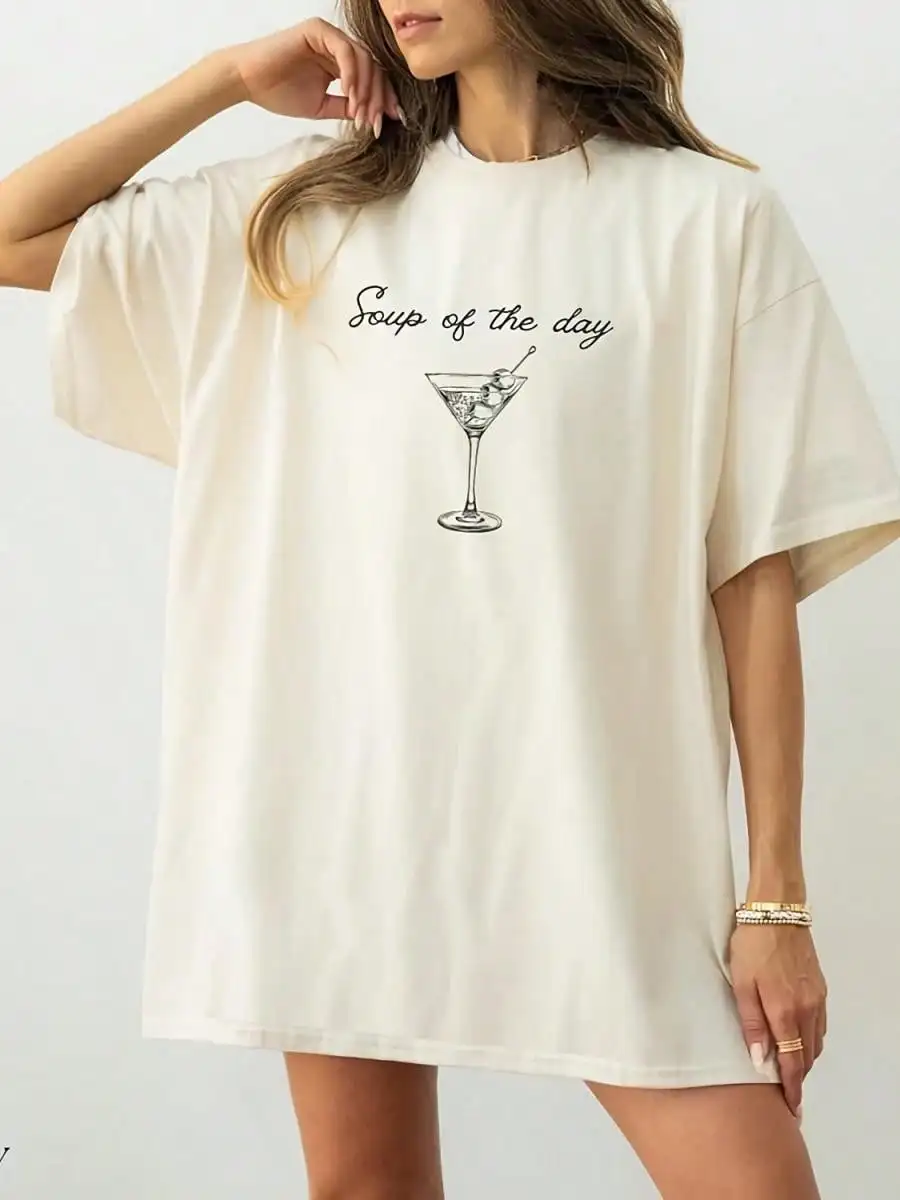 

Oversized Cream T-Shirt with Cocktail Graphic and 'Soup of the Day' Text