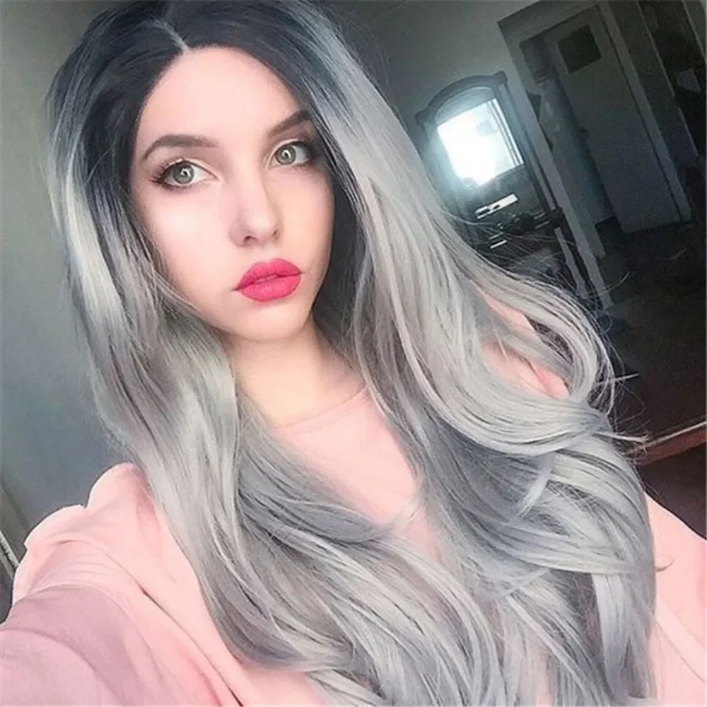 Synthetic Gradient Gray Black Fluffy Long Curly Wave Wig Women Simulation Cosplay Full Head Cover