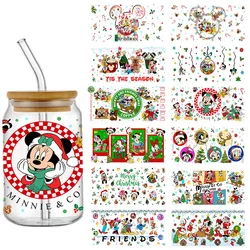 Disney-envolturas de taza UV DTF, pegatina de transferencia para botella de lata de vidrio, lavable, personalizada, Mickey y Minnie, Navidad, DIY, 16OZ