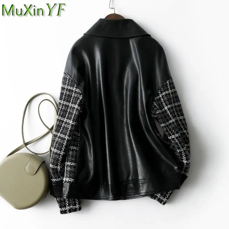 

Autumn Winter Women's Fashion Patchwork Leather Jacket Lady Zipper Plaid Coat 2022 New Trendy Personality Black Outerwear Female