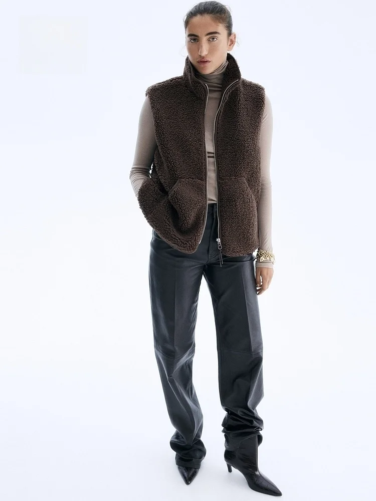 H&M 여성용 조끼 25 겨울 신상 스탠드 칼라 지퍼 테디 페이스 레이지 슬레 플러 조끼 284953 폴리에스터 섬유 00%