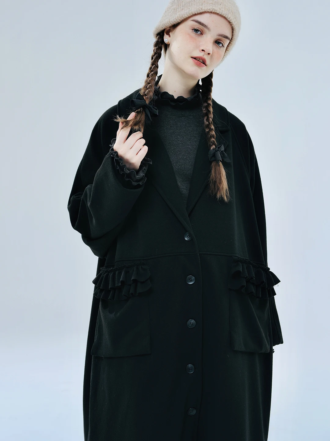 IMAKOKONI original design black casual mid-length lapel lace patchwork pocket long-sleeved woolen coat 234403