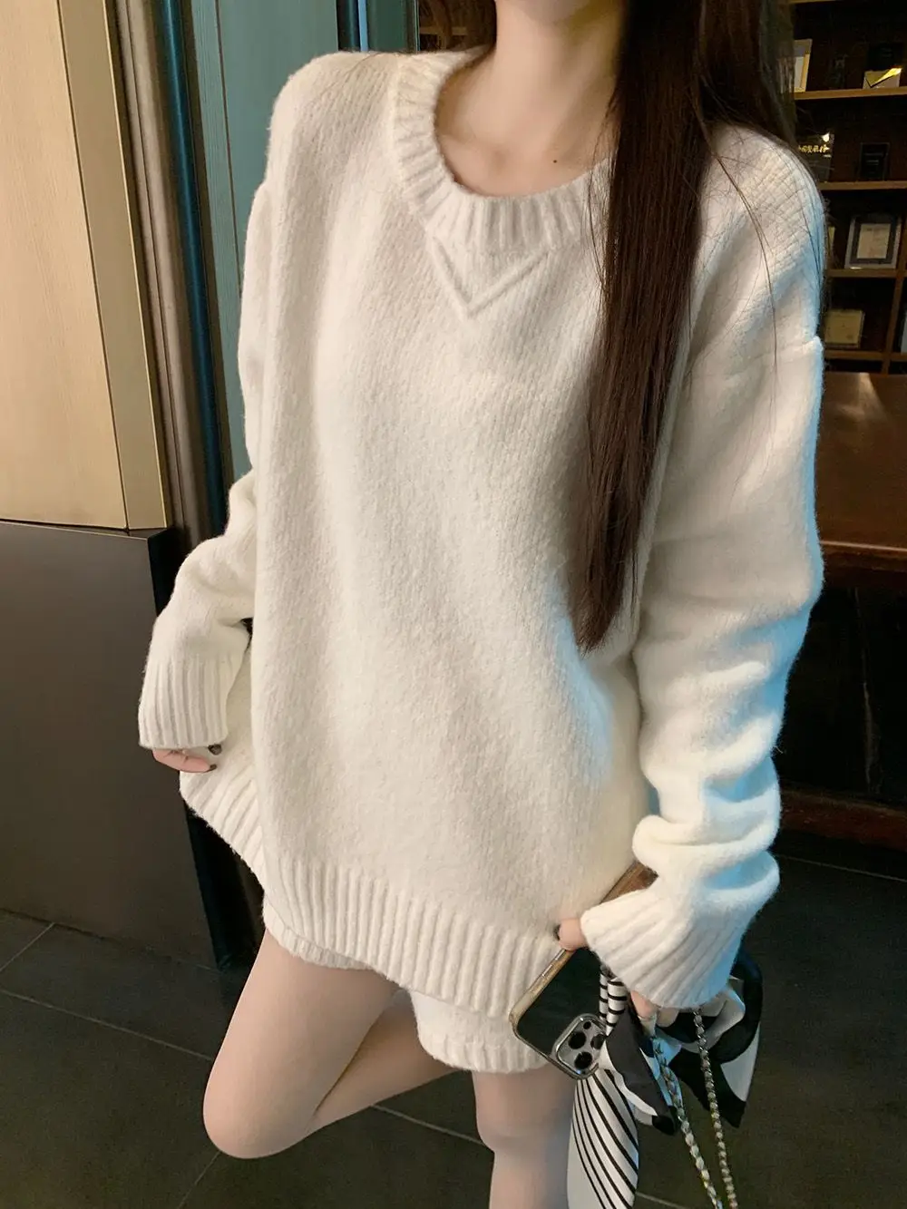 

Casual Hong Kong Sle Loose Knitted Sweater And High Waist Wide Leg orts Women's Two Piece Set Comfortable Leisure Outfit