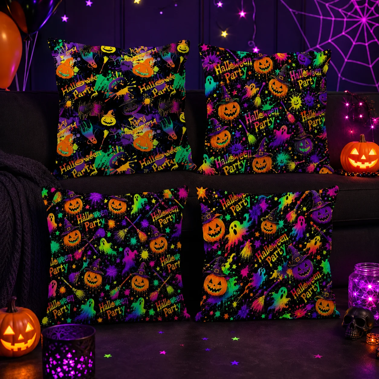 Neon Halloween Pumpkin Graphics Cushion Cover Double-Sided Plush Sofa Cushion Covers Organic Breathable Invisible Zipper