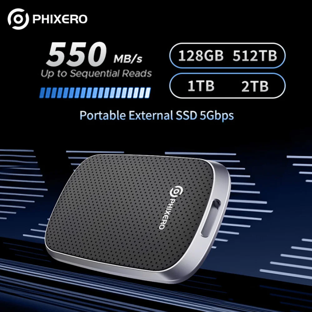 

PHIXERO 1 ТБ Внешний SSD 128 ГБ 256 ГБ 512 ГБ 1 ТБ До 550 МБ/с Портативный твердотельный накопитель PSSD 5 Гбит/с для планшетов, ноутбуков