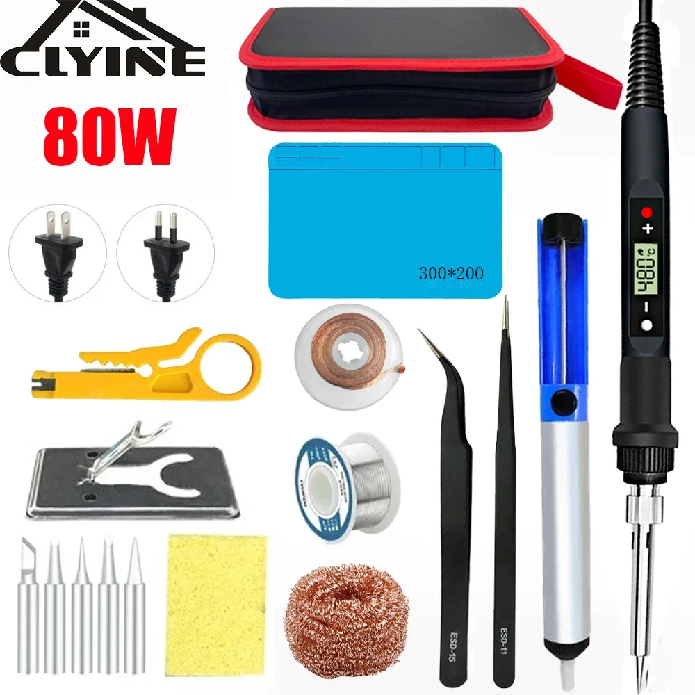 80W Electric Soldering Iron Kit Adjustable Temperature LCD Solder Ceramic Heater Soldering Tips Tweezers Solder Welding Tool Kit