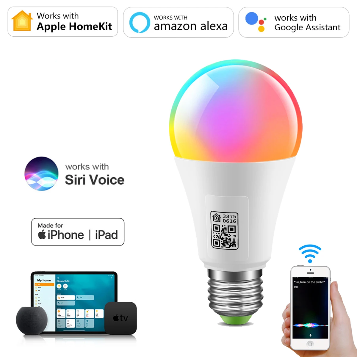 Homekit LED Smart Wifi Light Bulb E27 Lamp MFI Certified Multicoloured Dimmable LED Bulb Work Siri Alexa Echo/Google Assistant