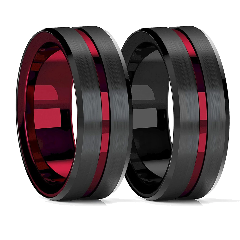 8mm Red Groove Beveled Edge Black Stainless Steel Ring For Men Black Brushed Steel Engagement