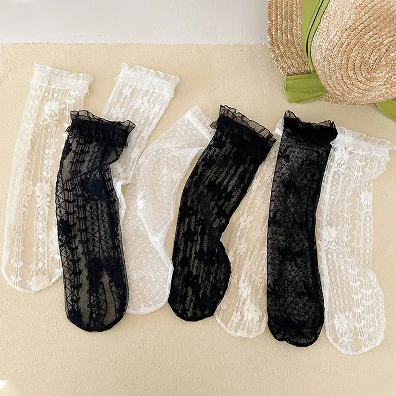 Ruffle Princess Kids Mesh Socks Hollow Breathable Lolita Girls Calf Sock Summer Children Lace Stockings 3-8Year Baby Footwear