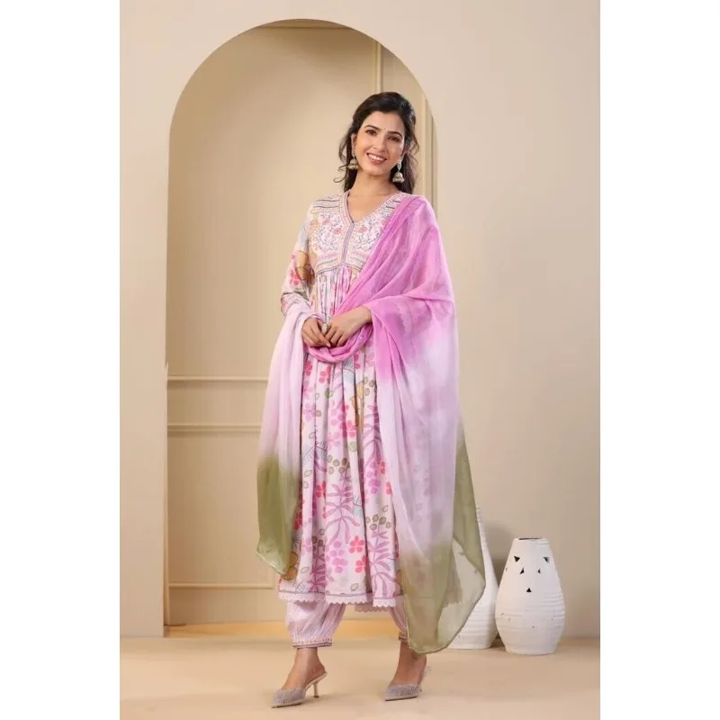 

Fully Stitched Printed Work Cotton Anarkali Long Salwar Kurti Pant Dupatta Dress