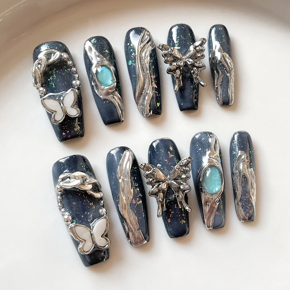 10Pcs Y2K Punk Style Handmade Long Stiletto Coffin Press On Nails Silver Magic Mirror Powder Flowers Butterfly Full Cover Nail