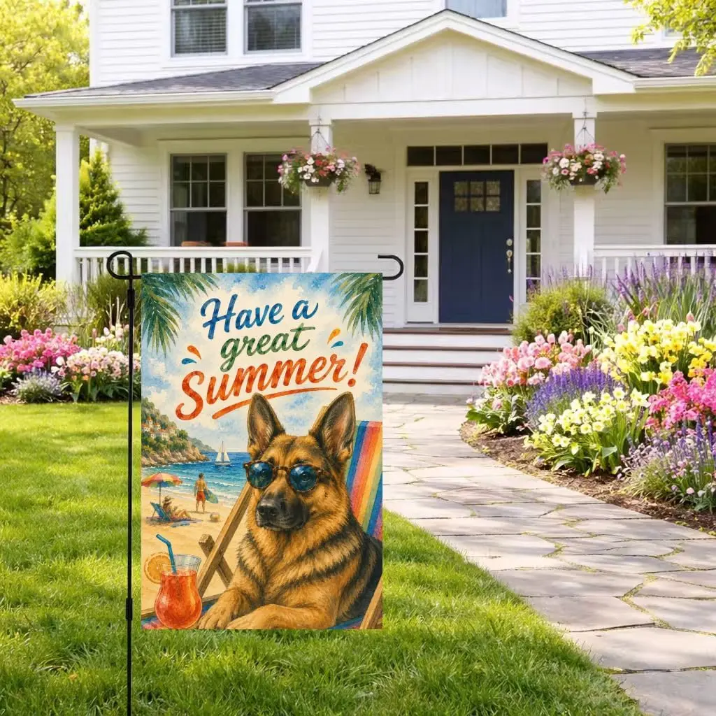 Hello Summer Garden Flag German Shepherd Flag 12x18 Inch Double Sided Sea Beach Seasonal Yard Flag for Outside Decoration Sm PPZ