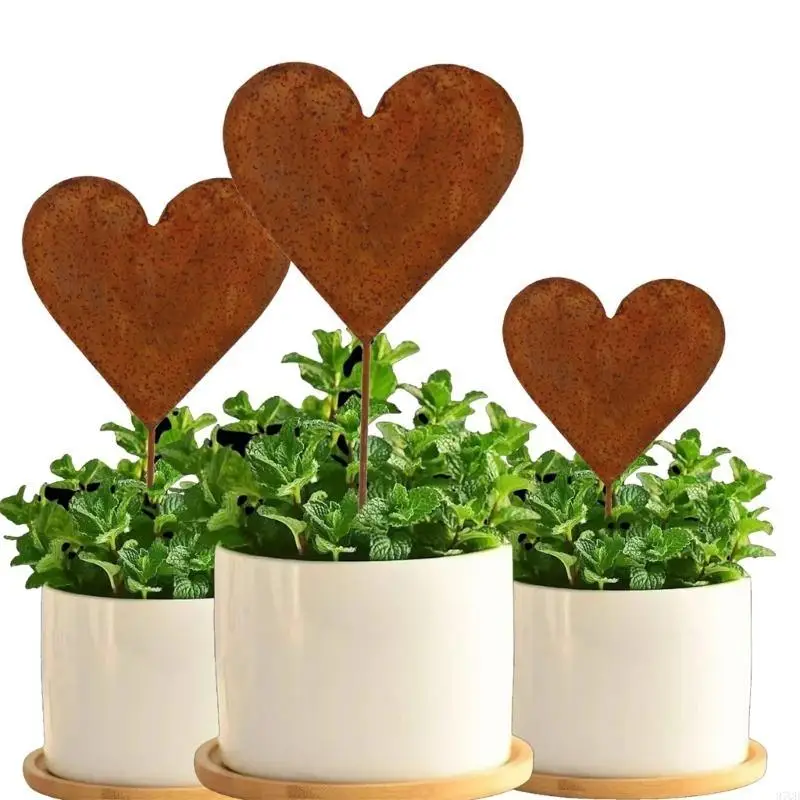 97QD Conjunto 3 apostas no coração metal para decoração jardim Iron à prova integridade do seu coração Stakes para