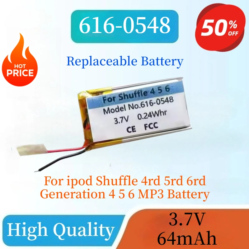 

High Quality 616-0548 616-0150 3.7V 64mAh Replacement Battery For ipod Shuffle 4rd 5rd 6rd Generation 4 5 6 MP3 Battery