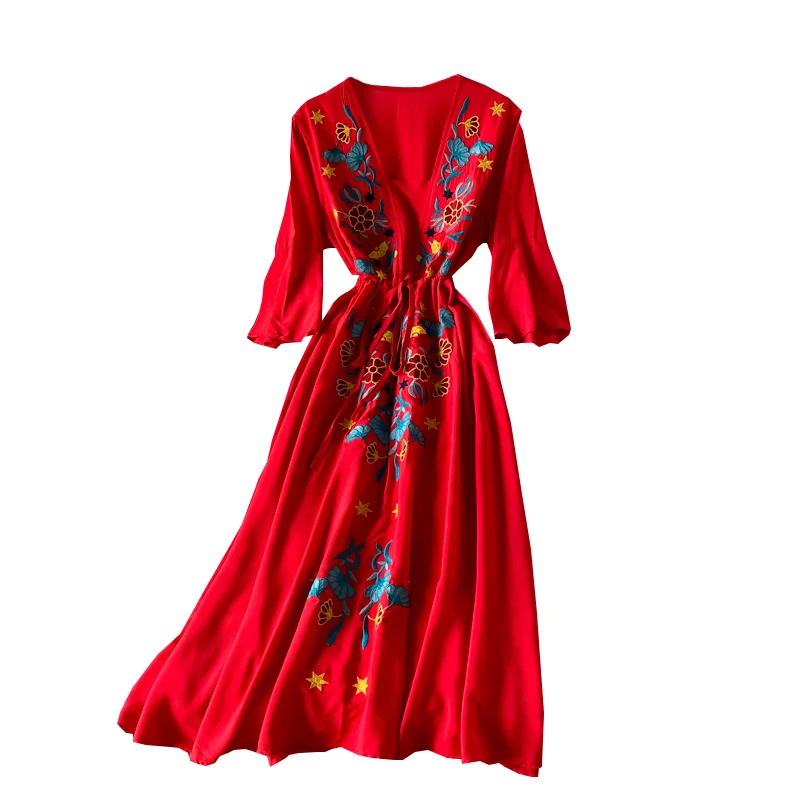 LY VAREY LIN 2022 New Spring Summer Women V-neck Embroidery Midi Dresses Casual Flare Sleeve Bohemian Female Dresses