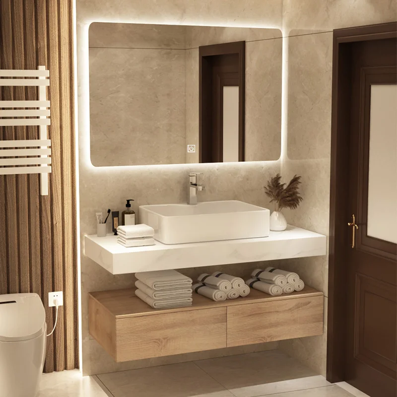 

Bathroom vanity Integrated Top Ceramic Basin Solid Wood Bathroom Cabinet Wash Hands Sink Intelligent Mirror Cabinet Combination