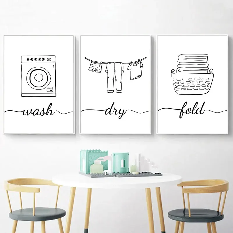 Black White Dry Wash Repeat Words Canvas Poster Prints Modern Wall Decorative Painting for Laundry Simple Bathroom Decor Picture