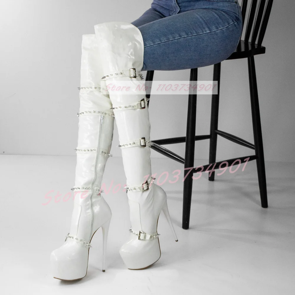 Rivets Platform Side Zipper Crotch Boots Women Belt Buckle Thin High Heels Shoes Ladies Patent Leather Trendy Sexy Slim Boots