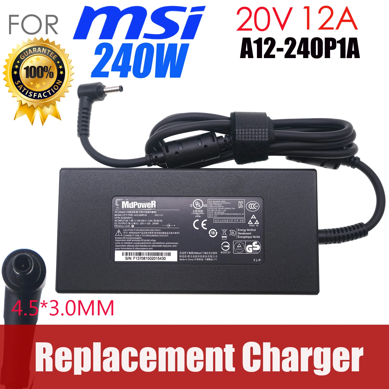 

Chicony 20V 12A 240W AC Adapter A20-240P2A for MSI Gaming Laptop Katana GF76 12UG 12UGS 12UGK MS-17L3 GF66 12UE-077 Power supply
