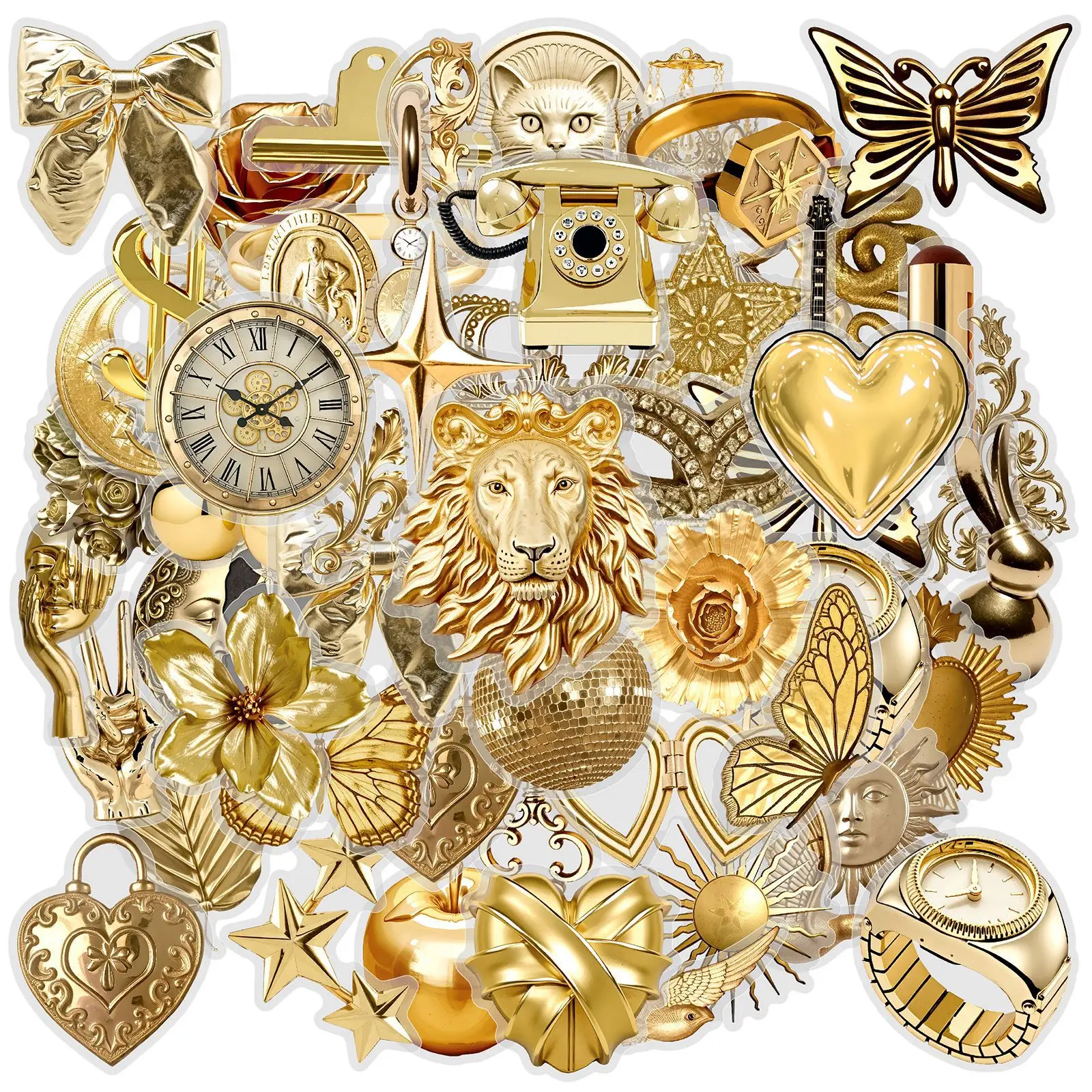 

50 шт. ретро-наклеек с золотыми цветами и кошками в стиле INS, металлические, художественные, виниловые, водонепроницаемые, для ноутбуков, телефонов, чехлов, бутылок, DIY-наклейки