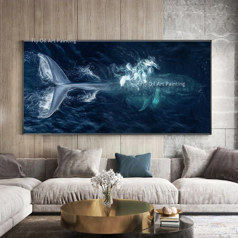 Whales Marine Life Blue Humpback Beluga Whale Canvas Oil Painting Hand Painted Blue Oceanscape Artwork For Room Decor Unframed