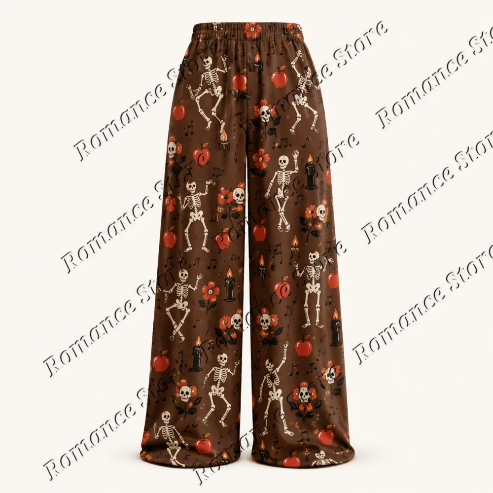 Women Casual Milk Silk Halloween Lounge Pants Ghost Haunted Castle Moon Bat Elastic Waist Loose Sleep Trousers Soft Home Wear