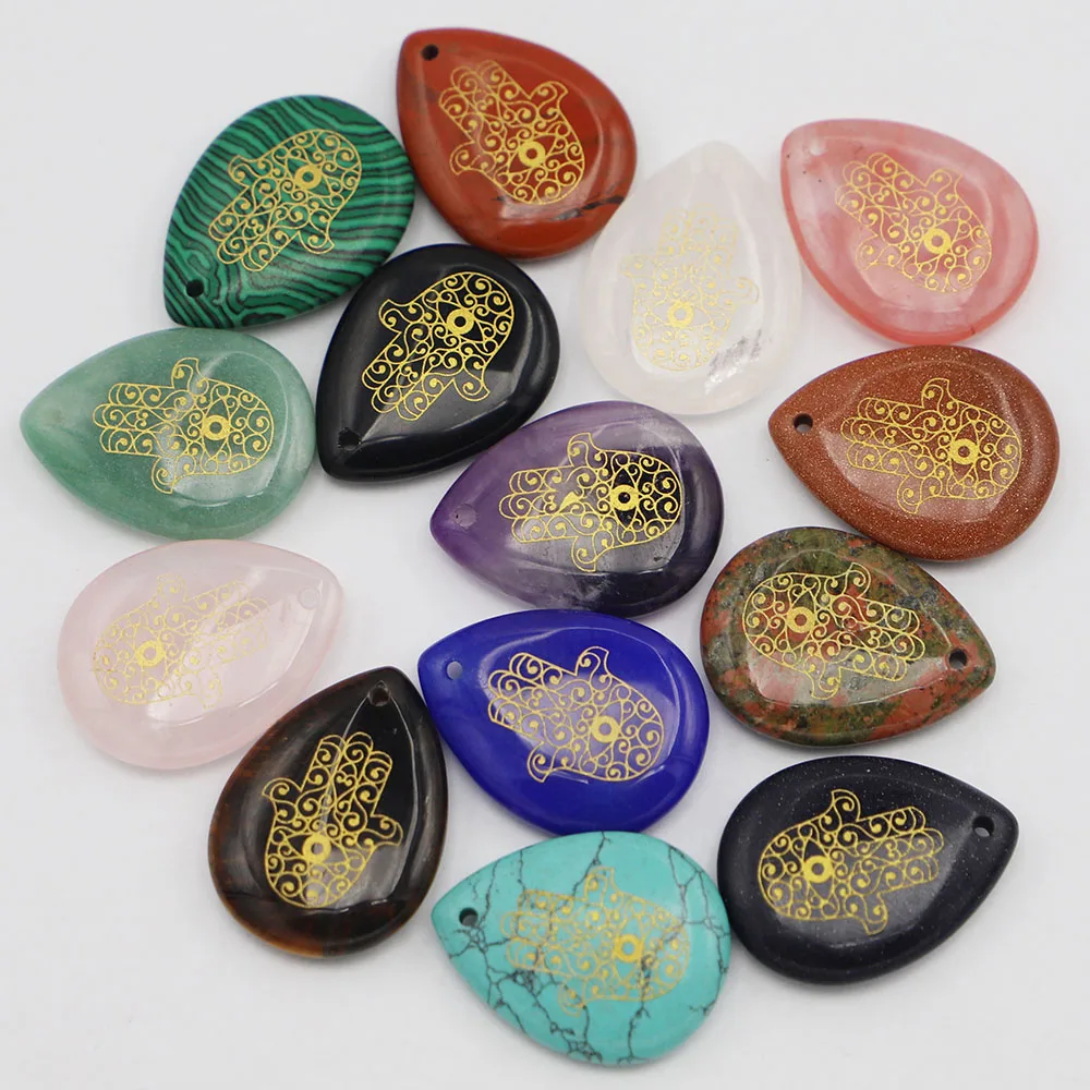 33x25mm Reiki Healing Gem Natural Stone Pendants Charm Water Drop Fatima Pattern Yang Ren Palm Eyes Hand Energy Jewelry Making