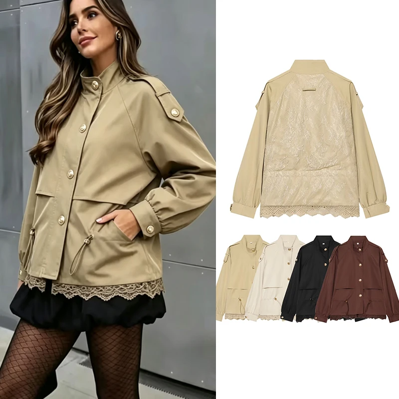 New Autumn Women's Jackets 2026 Fashion Lace Decoration Elegant Loose Youth Jackets Fall Chic Women's Street Warm Outerwear Coat