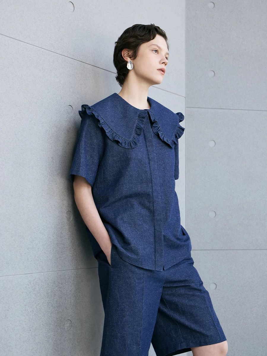 

Ele Haax Cotton ort Sve irt with Pleated Collar And Denim Design by MeeMeeLab Original Design Loose Fit Pure Color