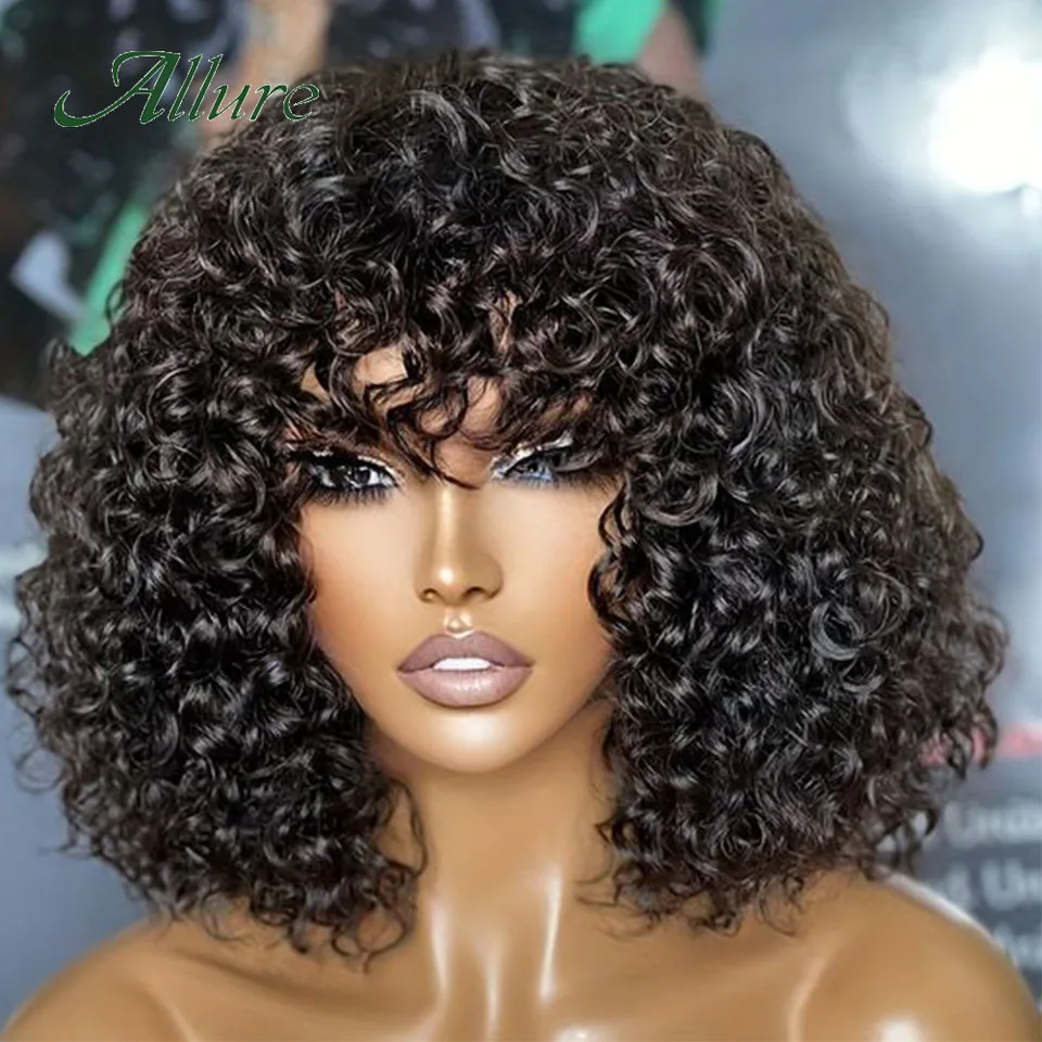 Brazilian Short Bob Hair Wig With Bangs Kinky Curly Human Hair Wigs For Women 10 Inch Natural Black Water Curly Hair Wig Allure