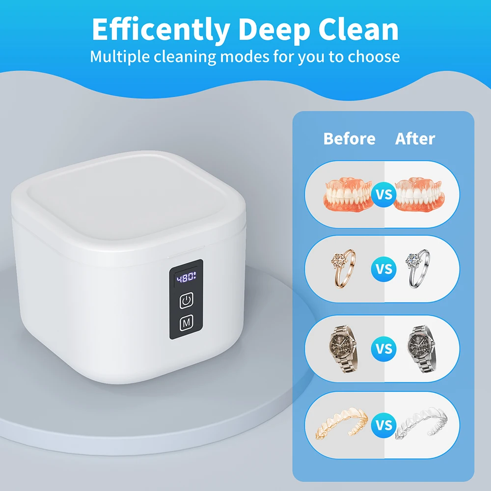 KUNPHY Ultrasonic Cleaner Portable Retainer Denture Cleaning UV Light 48kHz Adjustable Modes For Jewelry Dentures Braces Ring