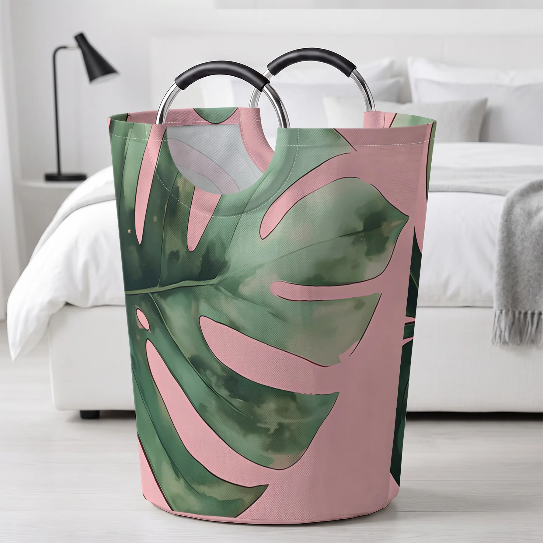 Pink Background Monstera Leaf All‑Over Print Handheld Storage Basket, For Laundry, Bedroom & Home Sundries Storage